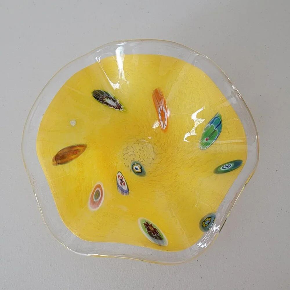 Vintage Style Yellow Art Glass Bowl Ruffled Edge Organic Centerpiece Decor - Picture 5 of 11